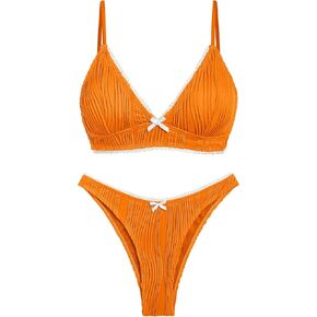seamoly Bikini Sets for Women Lace Ribbed Sexy V Neck 2 Piece Swimsuit Bowknot Adjustable Straps Thong Swimwear