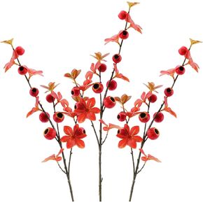 3pcs Artificial Red Fruits Stems Decoration 34.6 Inch Fake Multi Head Fruit Branches Garland Faux Raspberry Strawberry Christmas Decor Realistic Holly Leaves Fruit Branches