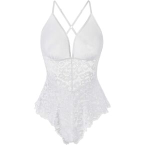 XSPICE Womens Lace Teddy Lingerie Deep V Neck One Piece Mini Bodysuit