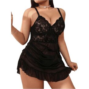 Soly Hux Women's Plus Lingerie Set Lace Mesh Cheer Shuffle Mini Dress Babydoll Chemise مع سراويل داخلية