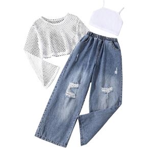 GORGLITTER Girl's 3 Piece Outfit Long Sleeve Fishnet Mesh Tee Top Camisole Ripped Jeans Denim Pants Set