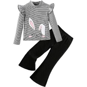 Girls Striped Printed T Shirt Ruffle Long Sleeve Tops and Elastic Waist Flared Pants for 2-8 Years