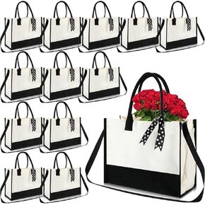 Paterr 12 Pcs Bridesmaid Canvas Tote Bags Bulk for Women Black and White Canvas Bag with Shoulder Strap and Zipper for Wedding Mother Teacher Bride Friend