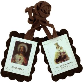 VILLAGE GIFT IMPORTERS Assorted Economy Scapulars | 100% Cloth Wool | 14 Different Scapular Necklaces | Affordable and Authentic | Christian Jewelry (Brown Felt Scapular with Curved Outline)