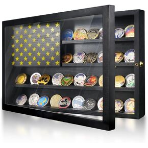 Challenge Coin Display Case, Military Coin Holder Display with Anti-Fade Acrylic Door 2 Groove Shelves Holds 64-73 Coins, Wooden Wall Mounted Coin Display Stand with Magnetic American Flag, Walnut
