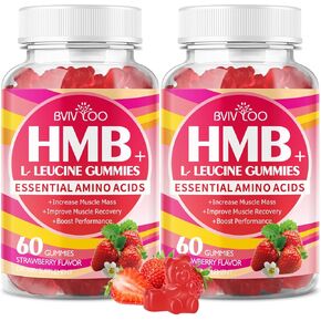 HMB و L-Leucine Gummies-3000mg مجتمعة HMB و L-Leucine لكل وجبة. لنمو العضلات ، والإغاثة في العضلات والشفاء السريع. خالية من السكر ، الفراولة ، 120 غومين