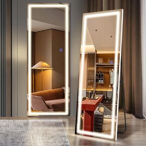 56 "x18" LED مرآة الطول الكامل مع الحامل - مثبتة على الحائط ، بذائهم وميل | التصميم الحديث مع إضاءة الإطار الكامل والتعبئة الآمنة