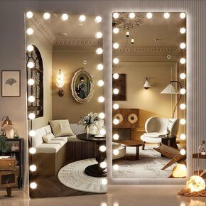 Hasipu 71" x 32" Hollywood Full Length Mirror With Lights, LED Tempered Glass With Stand, Wall Mounted and Floor Standing, Dimming & 3 Color Modes-UL- White