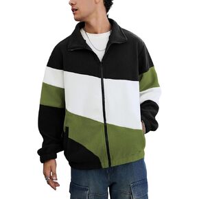 ZAFUL Men's Casual Colorblock Sherpa Jacket Long Sleeve Full-Zip Teddy Coat Retro Style Fleece Shacket with Pockets
