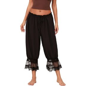 Women Y2k Lace Trim Cropped Pants Smocked Elastic Waist Bloomers Lounge Pjs Pettipants Loose Ruffle Pajama Trousers