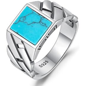 Rectangle Cut Mens Teal Turquoise/Synthetic Black Onyx Rings 925 Sterling Silver Mens Cuban Link Ring Handmade Anillos de Hombre Thumb Ring for Birthday Jewelry Gift Band Width 4.8mm Size 8-12