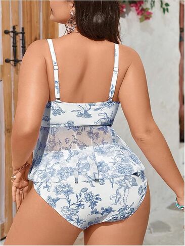 Floerns Women's Plus Size Tankini Set Floral Ruffle Hem Knot Front High Waisted 2 Piece Bathing Suit in Kuwait