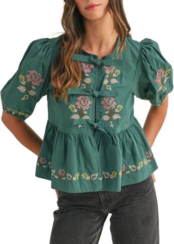 المرأة قصيرة الأكمام نفخة الأزهار التطريز Poplin الواجهة ذاتية التعادل التفاصيل peplum أعلى in Kuwait