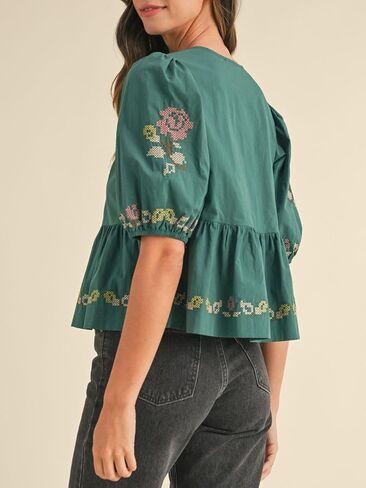 المرأة قصيرة الأكمام نفخة الأزهار التطريز Poplin الواجهة ذاتية التعادل التفاصيل peplum أعلى in Kuwait