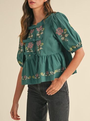 المرأة قصيرة الأكمام نفخة الأزهار التطريز Poplin الواجهة ذاتية التعادل التفاصيل peplum أعلى in Kuwait
