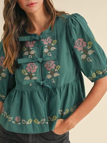 المرأة قصيرة الأكمام نفخة الأزهار التطريز Poplin الواجهة ذاتية التعادل التفاصيل peplum أعلى in Kuwait