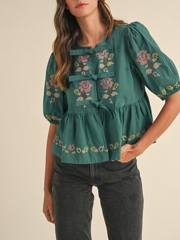 المرأة قصيرة الأكمام نفخة الأزهار التطريز Poplin الواجهة ذاتية التعادل التفاصيل peplum أعلى in Kuwait