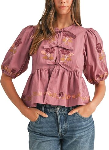المرأة قصيرة الأكمام نفخة الأزهار التطريز Poplin الواجهة ذاتية التعادل التفاصيل peplum أعلى in Kuwait