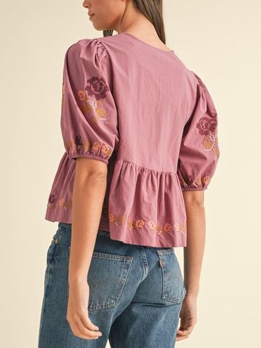 المرأة قصيرة الأكمام نفخة الأزهار التطريز Poplin الواجهة ذاتية التعادل التفاصيل peplum أعلى in Kuwait