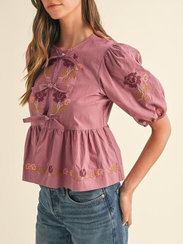 المرأة قصيرة الأكمام نفخة الأزهار التطريز Poplin الواجهة ذاتية التعادل التفاصيل peplum أعلى in Kuwait