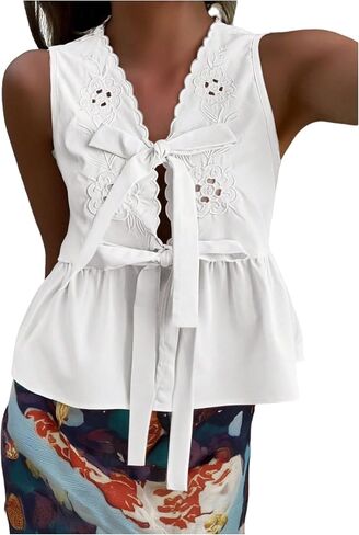 Wdirara Women's Bow Tie Blouse V Front Vrick Deckless Sirmetess Shirt Eyelet Emtroproidery Peplum Tops in Kuwait