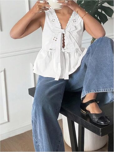 Wdirara Women's Bow Tie Blouse V Front Vrick Deckless Sirmetess Shirt Eyelet Emtroproidery Peplum Tops in Kuwait