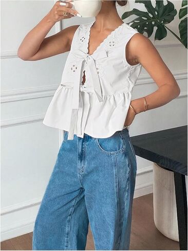 Wdirara Women's Bow Tie Blouse V Front Vrick Deckless Sirmetess Shirt Eyelet Emtroproidery Peplum Tops in Kuwait