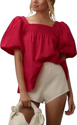 Short Puff-Sleeve Dressy Blouses Smocked Square Ruffle Neck Loose Shirts Casual Womens Tops in Kuwait
