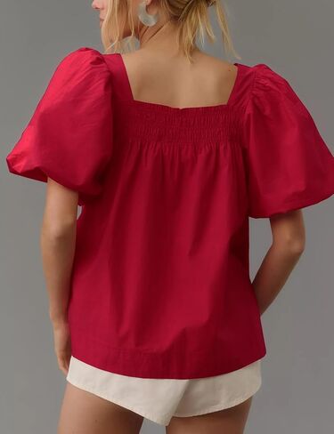 Short Puff-Sleeve Dressy Blouses Smocked Square Ruffle Neck Loose Shirts Casual Womens Tops in Kuwait