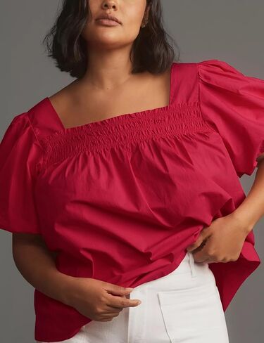 Short Puff-Sleeve Dressy Blouses Smocked Square Ruffle Neck Loose Shirts Casual Womens Tops in Kuwait