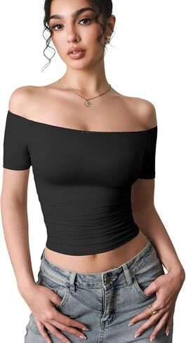 YEOREO Sophie Women's T-Shirts Off Shoulder Double Lined Fit Basic Going Out Cute Tee Short Sleeve Y2K Crop Tops in Kuwait