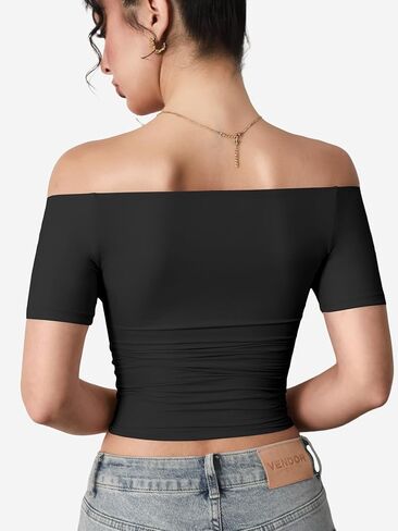 YEOREO Sophie Women's T-Shirts Off Shoulder Double Lined Fit Basic Going Out Cute Tee Short Sleeve Y2K Crop Tops in Kuwait