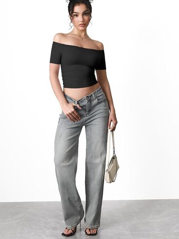 YEOREO Sophie Women's T-Shirts Off Shoulder Double Lined Fit Basic Going Out Cute Tee Short Sleeve Y2K Crop Tops in Kuwait