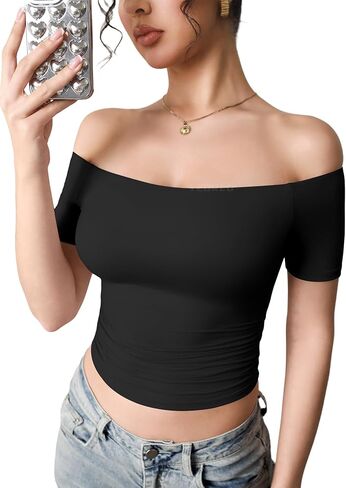 YEOREO Sophie Women's T-Shirts Off Shoulder Double Lined Fit Basic Going Out Cute Tee Short Sleeve Y2K Crop Tops in Kuwait