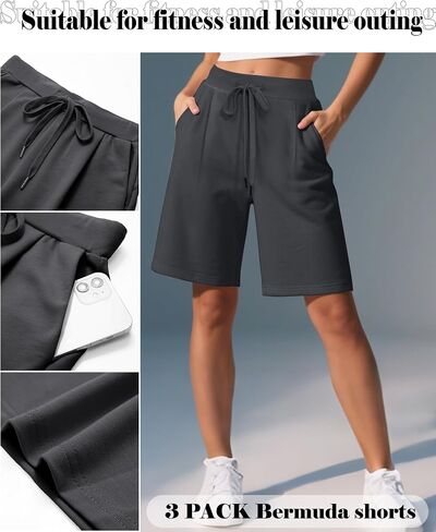 3 Pack Women's Bermuda Shorts Drawstring Casual Lounge Elastic Waist Athletic Yoga Running Shorts with Pockets in Saudi Arabia