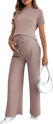 OYOANGLE Women's Maternity Lounge Set 2 Piece Ribbed Knit Short Sleeve Top and Pants Pajama Set Sleepwear in Saudi Arabia