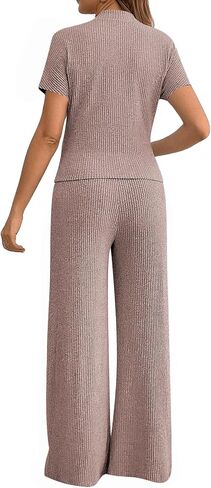 OYOANGLE Women's Maternity Lounge Set 2 Piece Ribbed Knit Short Sleeve Top and Pants Pajama Set Sleepwear in Saudi Arabia