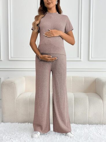 OYOANGLE Women's Maternity Lounge Set 2 Piece Ribbed Knit Short Sleeve Top and Pants Pajama Set Sleepwear in Saudi Arabia