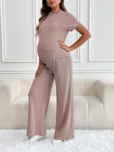 OYOANGLE Women's Maternity Lounge Set 2 Piece Ribbed Knit Short Sleeve Top and Pants Pajama Set Sleepwear in Saudi Arabia