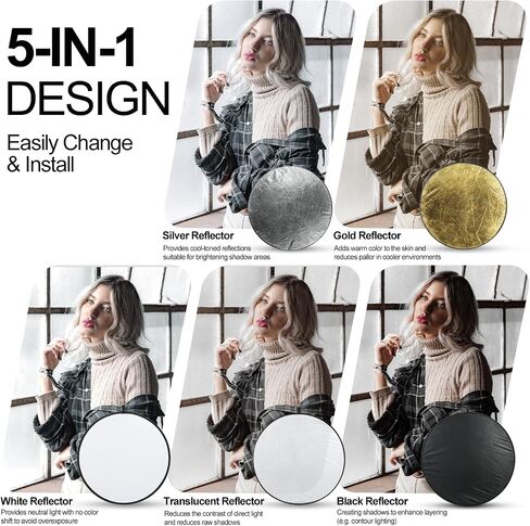 EMART 24’’ (60cm) Light Reflectors 5 in 1 Photo Collapsible Photography Reflector with Bag - Portable Camera Light Reflector Photography Panel for Studio Video-Translucent, White, Silver,Gold,Black in Saudi Arabia