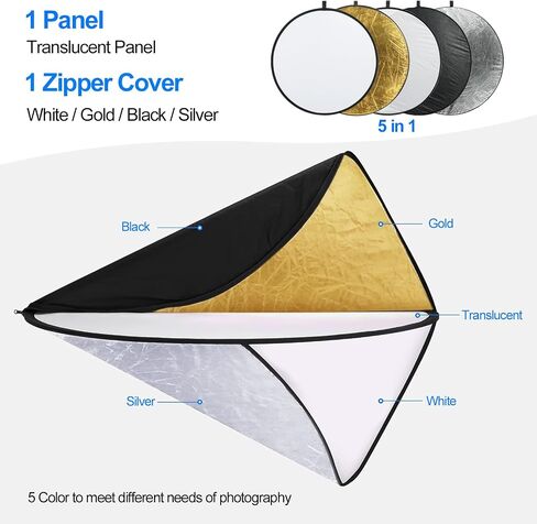 EMART 24’’ (60cm) Light Reflectors 5 in 1 Photo Collapsible Photography Reflector with Bag - Portable Camera Light Reflector Photography Panel for Studio Video-Translucent, White, Silver,Gold,Black in Saudi Arabia