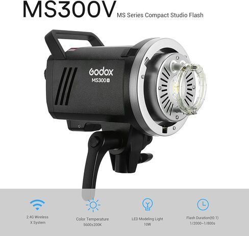 غودوكس فلاش ستوديو صغير الحجم MS300 بقدرة 300 واط، نظام اكس لاسلكي 2.4 جيجا GN58 5600 كلفن مع حامل بوينز 150 واط، وقت اعادة تدوير 0.1-1.3 ثانية، ثبات خرج متميز in Kuwait