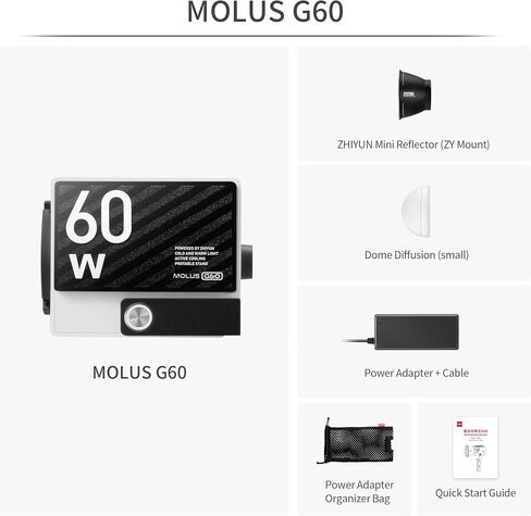 ZHIYUN Molus G60 Combo, Bi-Color Video Light, 300g Portable 60W COB LED Continuous Output Lighting, CRI≥96, TLCI≥97, Bluetooth App Control with Bowens-Mount Accessories DC/PD Power Supply in Saudi Arabia