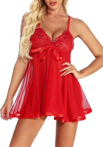 Lilosy Sexy Sheer Embroidered Mesh Floral Lace Babydoll Lingerie Dress Set with Tong 2 Piece in Saudi Arabia