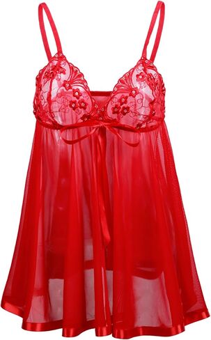Lilosy Sexy Sheer Embroidered Mesh Floral Lace Babydoll Lingerie Dress Set with Tong 2 Piece in Saudi Arabia
