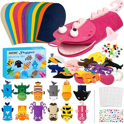 WATINC 12Pcs Hand Puppet Making Kit for Kids Art Craft Felt Sock Puppet Toys Creative DIY Make Your Own Puppets Pompoms Storytelling Role Play Party Supplies for Girls Boys in Saudi Arabia