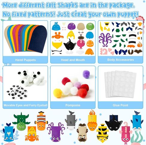 WATINC 12Pcs Hand Puppet Making Kit for Kids Art Craft Felt Sock Puppet Toys Creative DIY Make Your Own Puppets Pompoms Storytelling Role Play Party Supplies for Girls Boys in Saudi Arabia