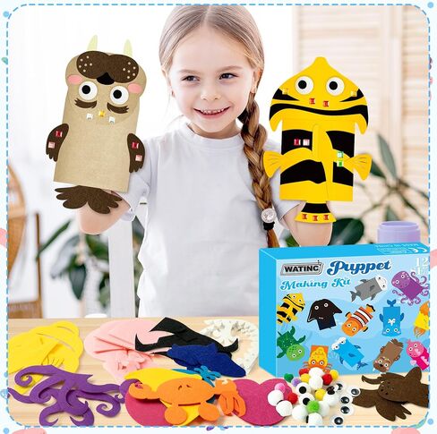 WATINC 12Pcs Hand Puppet Making Kit for Kids Art Craft Felt Sock Puppet Toys Creative DIY Make Your Own Puppets Pompoms Storytelling Role Play Party Supplies for Girls Boys in Saudi Arabia