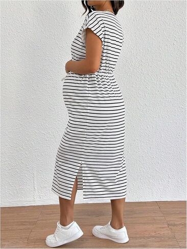 MakeMeChic Women's Maternity Dress Striped Tie Front Crew Neck Cap Sleeve Pregnancy Midi Dresses in Saudi Arabia
