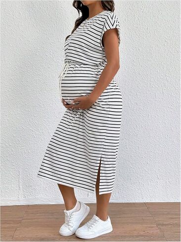 MakeMeChic Women's Maternity Dress Striped Tie Front Crew Neck Cap Sleeve Pregnancy Midi Dresses in Saudi Arabia